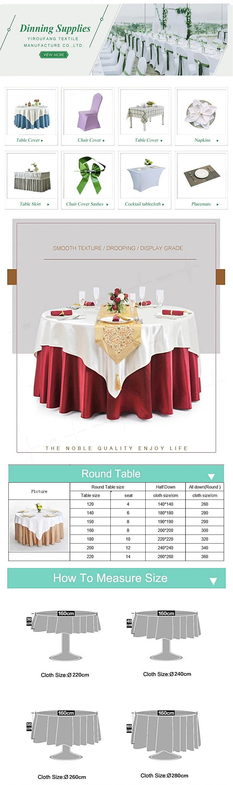 Luxury Hotel Banquet Wedding Party Solid Color and Jacquard Waterproof Washable Polyester Chair Cover Satin Round Rectangle Square Tablecloth